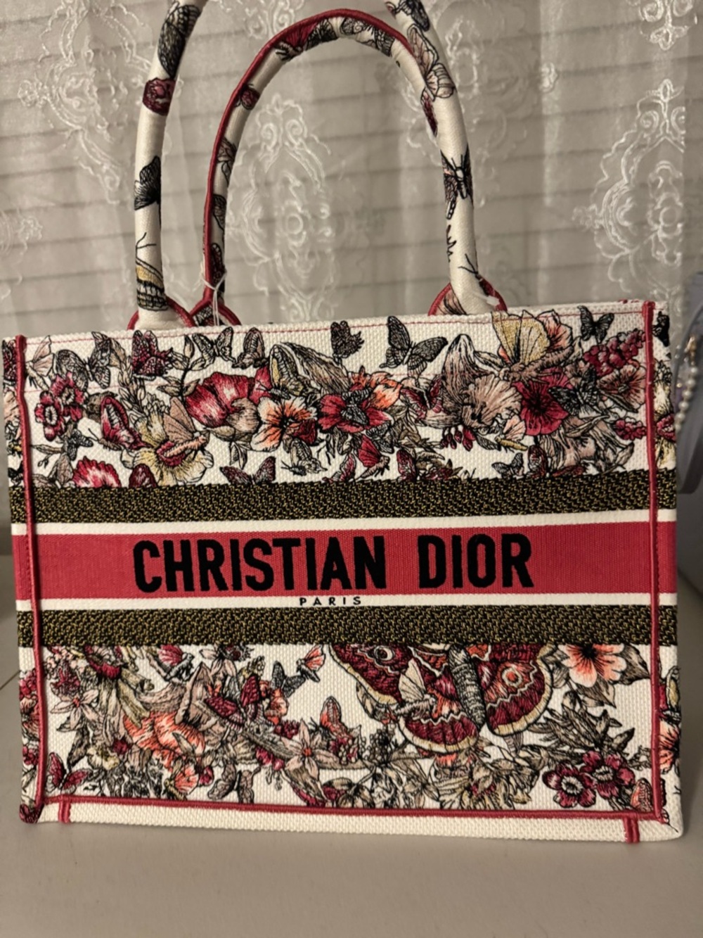 Dior Floral Canvas Tote in Red, White, Black